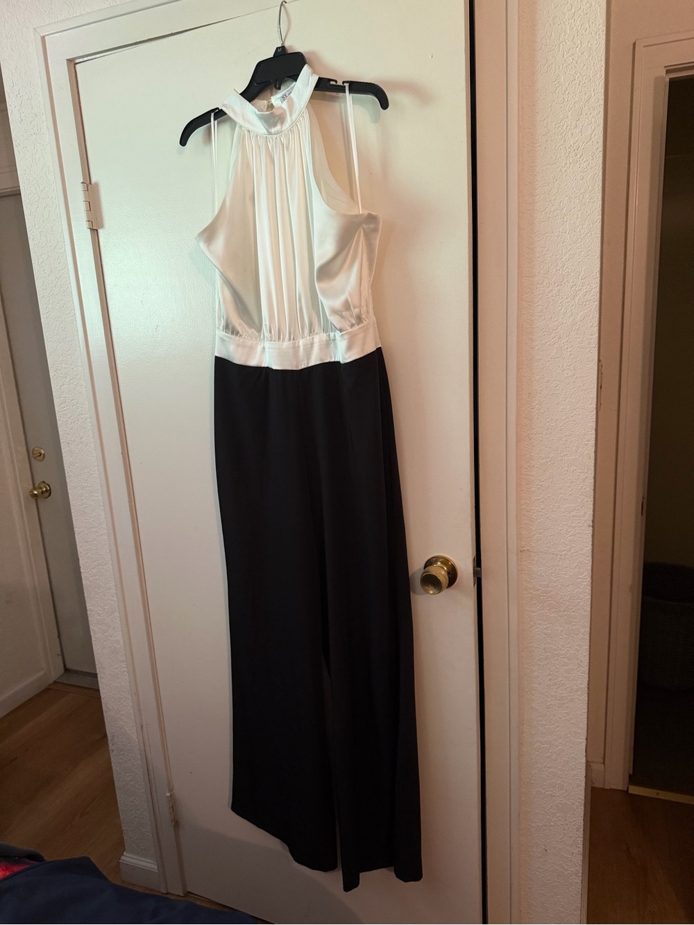 New York & Company Black and White Satin Halter Jumpsuit